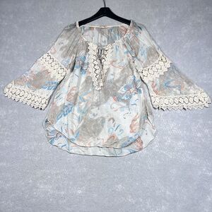 Ambra Blouse Womens Size Small Tan 100% Silk Crochet Accent Blouse Shirt Top